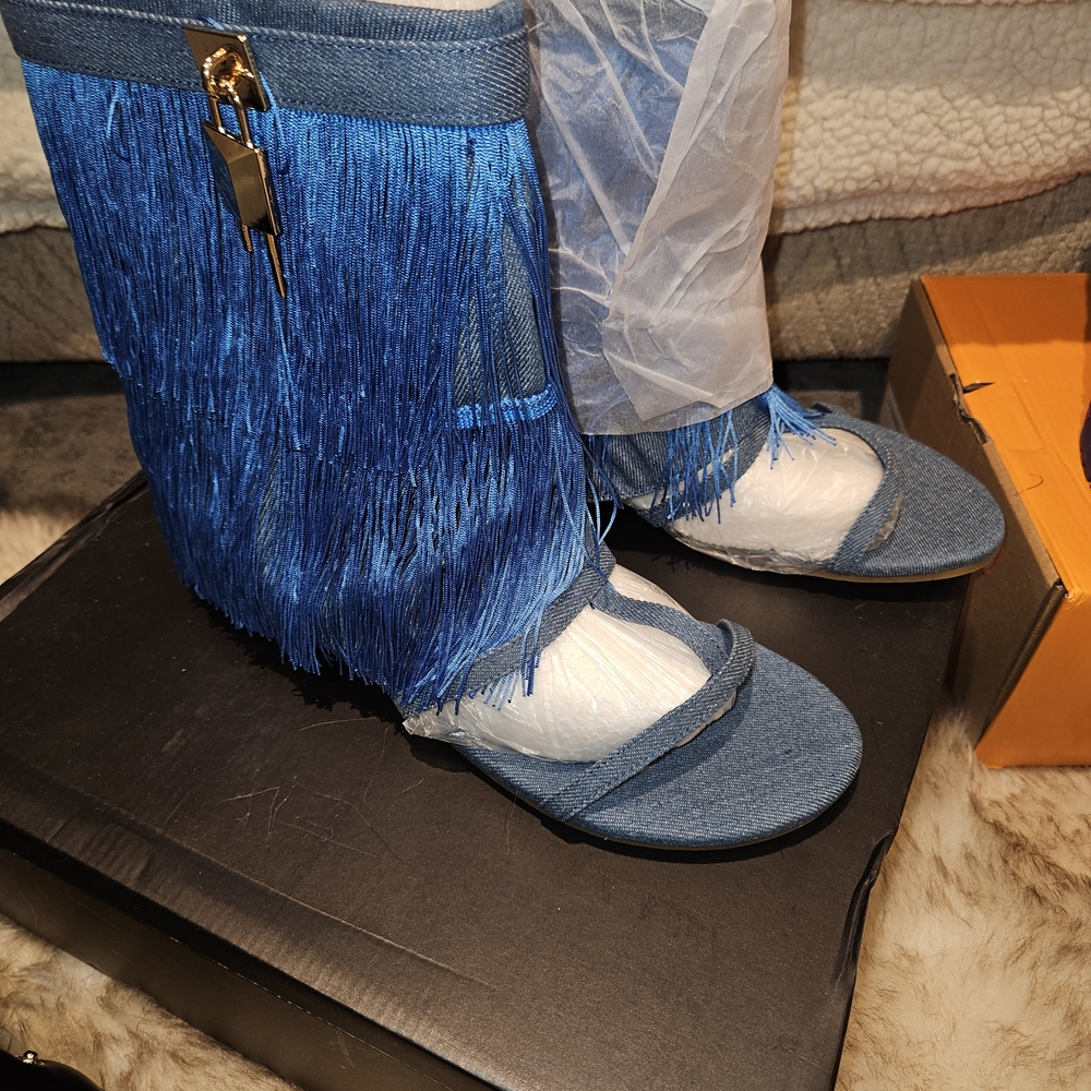 Fashion Nova Bold Blue Fringe Sandals